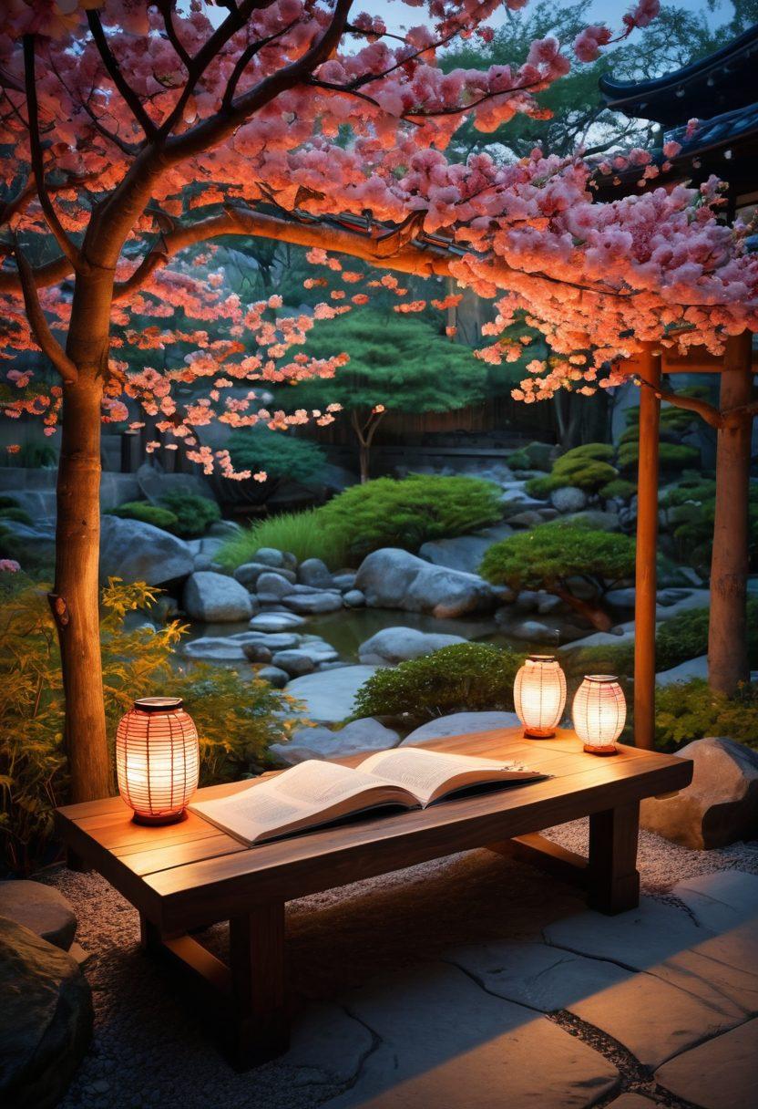 A captivating scene featuring a serene Japanese garden at dusk, with a cherry blossom tree in full bloom and subtle erotic art motifs integrated into the surroundings. Include bilingual texts artistically woven into the nature elements, emphasizing the blend of language and culture. A couple is seen enjoying a quiet moment, immersed in a book, creating an atmosphere of intimacy and learning. Japanese lanterns softly illuminate the space, enhancing the mood of seduction and fluency. super-realistic. vibrant colors. 3D.