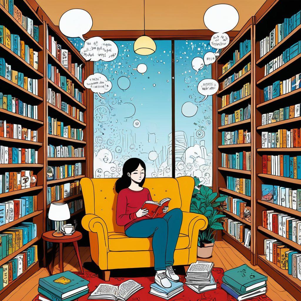 A whimsical and colorful illustration of a person sitting in a cozy library filled with manga and adult comics, surrounded by thought bubbles with vocabulary words in various languages. The scene should convey a sense of exploration and joy, with elements of humor and playfulness, showcasing comic panels and language books blending together. The character appears engaged and curious, with a warm cup of tea in hand. vibrant colors. cartoon style. cozy atmosphere.
