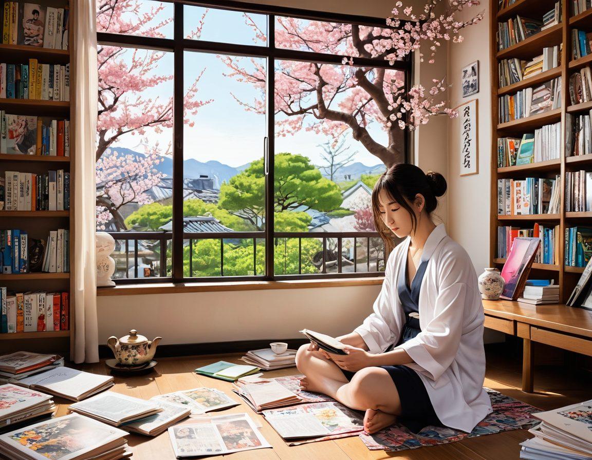 A vibrant and playful illustration of a person studying manga and erotic art, seated amidst colorful anime posters. Include books on language learning and bilingual content scattered around, with dialogue bubbles showcasing animated conversations in Japanese and English. Infuse elements of traditional Japanese culture in the background, such as cherry blossom trees and a tranquil tea setting. The scene should evoke a sense of excitement and curiosity about the intersection of art and language learning. vibrant colors. illustration. anime style.